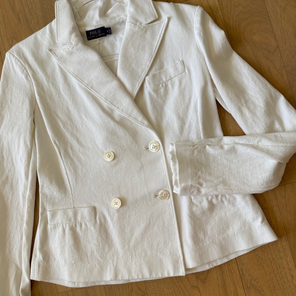 Polo Ralph Lauren Blazer Womens 4 White Double Breasted Cotton Pique Knit 12776
